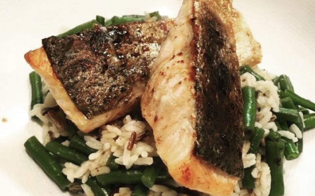 Fish, rice and green beans